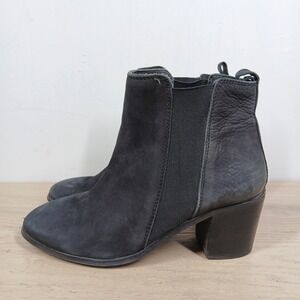 Dune Walker Ankle Boots Women 8 Black Leather Side Zip Block Heel Elastic Gore